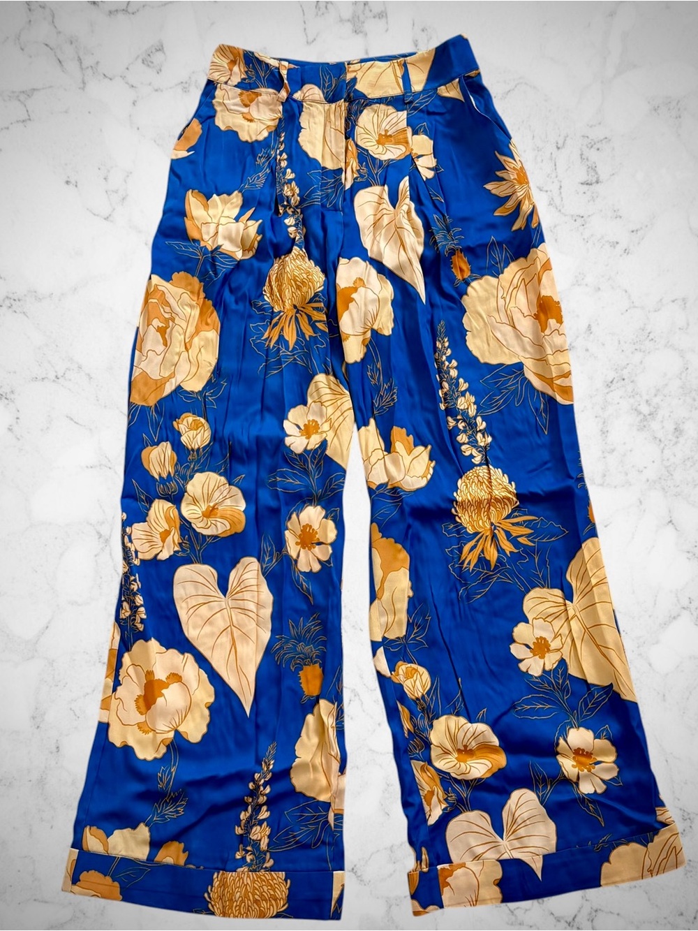 NWT Farm Rio x Anthropologie Blue Floral Wide Leg Pants Sz Small Trouser Palazzo